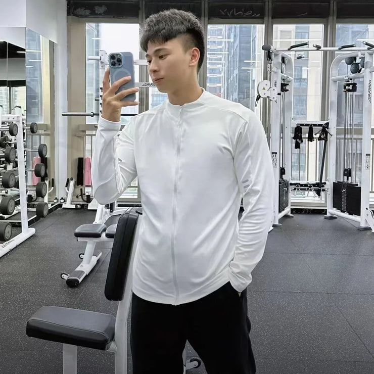 Nueva chaqueta de otoño con cuello levantado y cremallera para hombre, manga larga de secado rápido, adelgazante, suaviza tu silueta, Top deportivo con protección solar